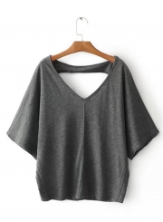 V Neck Short Sleeve Backless Loose Tee