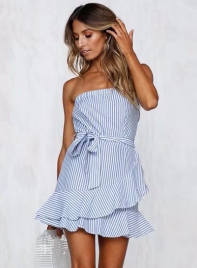 Stripe Strapless Flounce Dress with Belt YOUYOUFASHIONEC.com