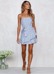 Stripe Strapless Flounce Dress with Belt