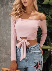 Off Shoulder Long Sleeve Knot front Tee