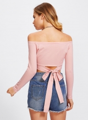 Off Shoulder Long Sleeve Knot front Tee