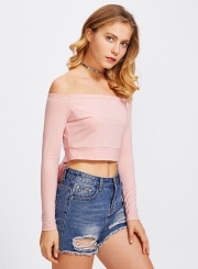 Off Shoulder Long Sleeve Knot front Tee