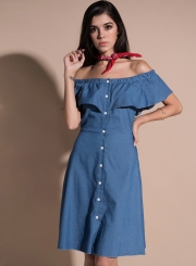 Off Shoulder Ruffle Denim Dress