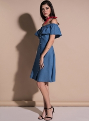 Off Shoulder Ruffle Denim Dress