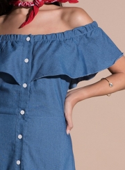 Off Shoulder Ruffle Denim Dress