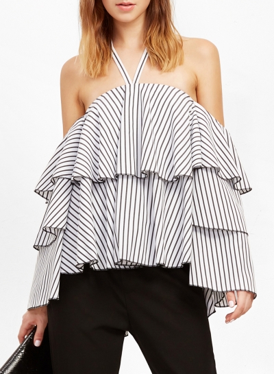 Stripe Halter Off Shoulder Long Sleeve Ruffle Blouse YOUYOUFASHIONEC.com