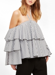 Stripe Halter Off Shoulder Long Sleeve Ruffle Blouse