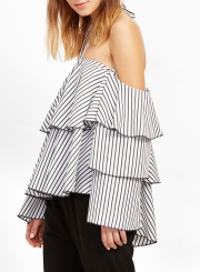 Stripe Halter Off Shoulder Long Sleeve Ruffle Blouse