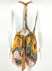 V Neck Sleeveless Backless Boho Print Romper