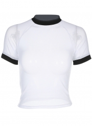 Fashion Mock Neck Short Sleeve Mesh Tee