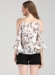 Fashion Off Shoulder Flare Sleeve Floral Chiffon Blouse