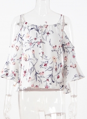 Fashion Off Shoulder Flare Sleeve Floral Chiffon Blouse