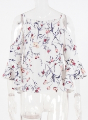 Fashion Off Shoulder Flare Sleeve Floral Chiffon Blouse