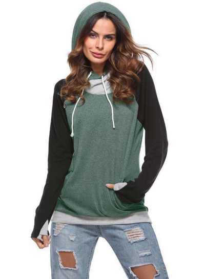 Fashion Long Sleeve Color Block Pullover Hoodie