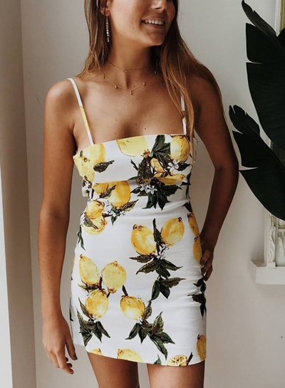 Fashion Spaghetti Strap Sleeveless Lemon Printed Dress YOUYOUFASHIONEC.com