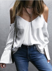 V Neck Off Shoulder Back Slit Blouse