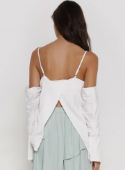 V Neck Off Shoulder Back Slit Blouse