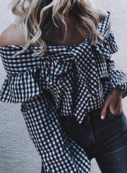 Fashion Plaid Off Shoulder Long Sleeve Flounce Blouse