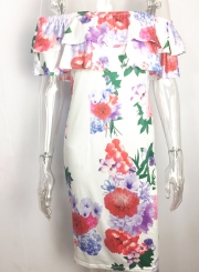 Fashion Slash Neck Floral Printed Ruffle Dress