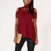 Fashion Off Shoulder Hollow out Back Slit Irregular Tee