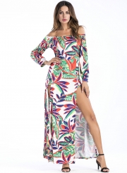 Off Shoulder Leaf Printed Slit Maxi Dress