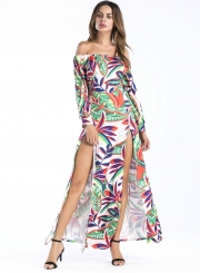 Off Shoulder Leaf Printed Slit Maxi Dress