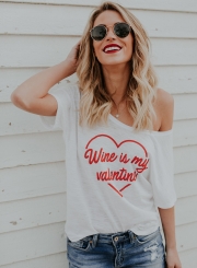 Fashion Off Shoulder Short Sleeve Letter Printed Tee