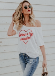 Fashion Off Shoulder Short Sleeve Letter Printed Tee