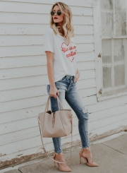 Fashion Off Shoulder Short Sleeve Letter Printed Tee