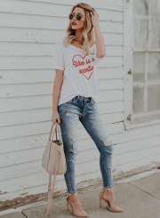 Fashion Off Shoulder Short Sleeve Letter Printed Tee