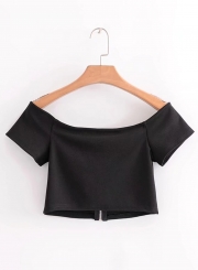 Fashion Slash Neck Short Sleeve Front Zip Tee Shirt