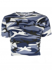 Fashion Short Sleeve Ripped Camo Crop Tee