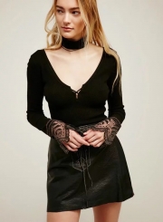 V Neck Long Sleeve Backless Slim Fit Lace Tee
