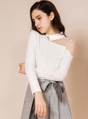 Turn-Down Collar Mesh Long Sleeve Blouse