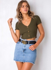 Fashion V Neck Short Sleeve Buttons Tee