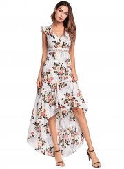 V Neck Backless Irregular Floral Printed Dress