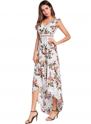 V Neck Backless Irregular Floral Printed Dress