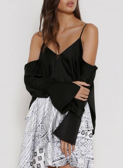 V Neck Off Shoulder Back Slit Blouse YOUYOUFASHIONEC.com