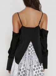 V Neck Off Shoulder Back Slit Blouse