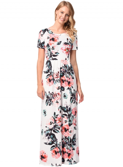 Floral Printed Short Sleeve Maxi Dress YOUYOUFASHIONEC.com