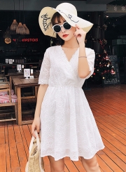 Fashion V Neck Embroidery Half Sleeve Dress