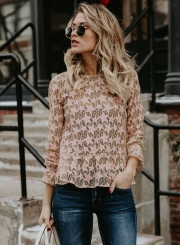Fashion Round Neck Star See-Through Lace Blouse