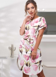 Fashion V Neck Floral Printed Irregular Dress With Belt