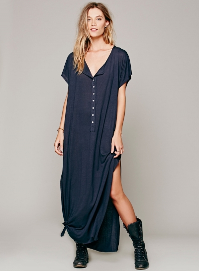 V Neck Buttons High Slit Loose Dress YOUYOUFASHIONEC.com