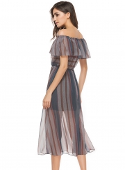 Off Shoulder Striped Printed See-Through Flounce Dress
