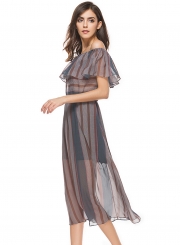 Off Shoulder Striped Printed See-Through Flounce Dress