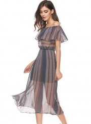 Off Shoulder Striped Printed See-Through Flounce Dress