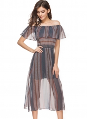 Off Shoulder Striped Printed See-Through Flounce Dress