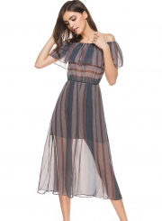 Off Shoulder Striped Printed See-Through Flounce Dress