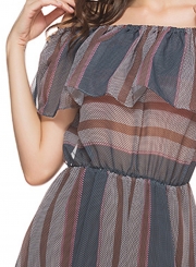 Off Shoulder Striped Printed See-Through Flounce Dress